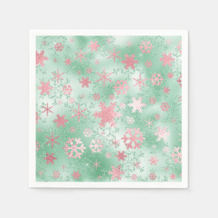 Serviette En Papier Élégant Motif de flocon de neige vert et rose