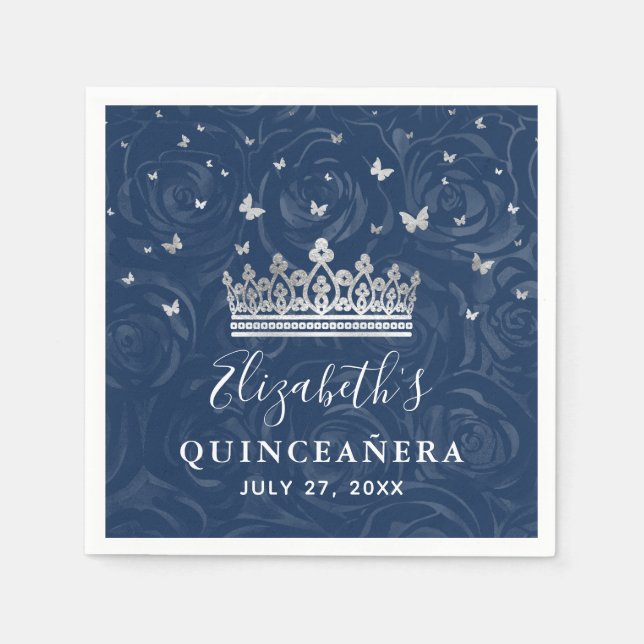 Serviette En Papier Elegant Navy Blue and Silver Crown Quinceanera (Devant)