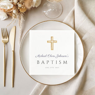 Serviette En Papier Elegant Navy Blue Script Religious Cross Boy
