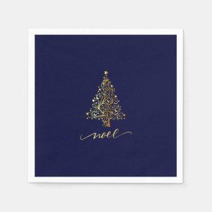 Serviette En Papier Elégant Noel d'arbre de Noël bleu et or noir marin