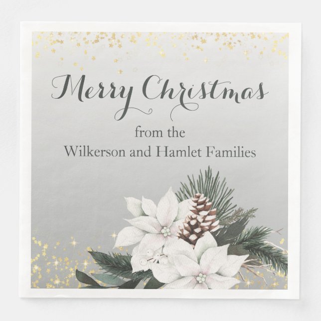 Serviette En Papier Élégant Noël floral d'hiver blanc et vert (Devant)