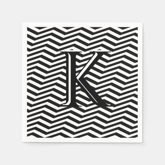 Serviette En Papier Élégant noir blanc Chevron Stripe Monogramme perso (Devant)