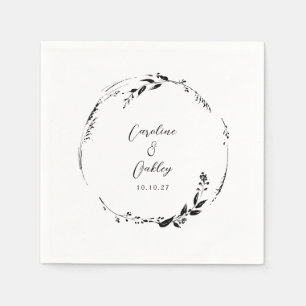 Serviette En Papier Elégant noir blanc Mariage de couronne Floral sur