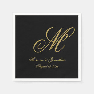 Serviette En Papier Élégant Noir Or Monogramme simple Mariage