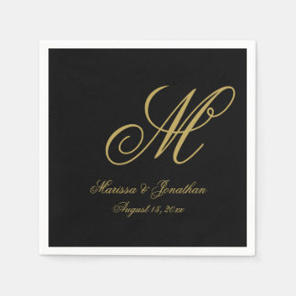Serviette En Papier Élégant Noir Or Monogramme simple Mariage