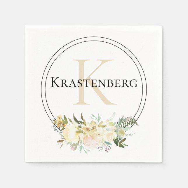 Serviette En Papier Élégant Nom du monogramme personnalisé Roses blanc (Devant)