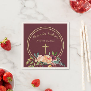 Serviette En Papier Elégant or Bourgogne Floral Baby Christening