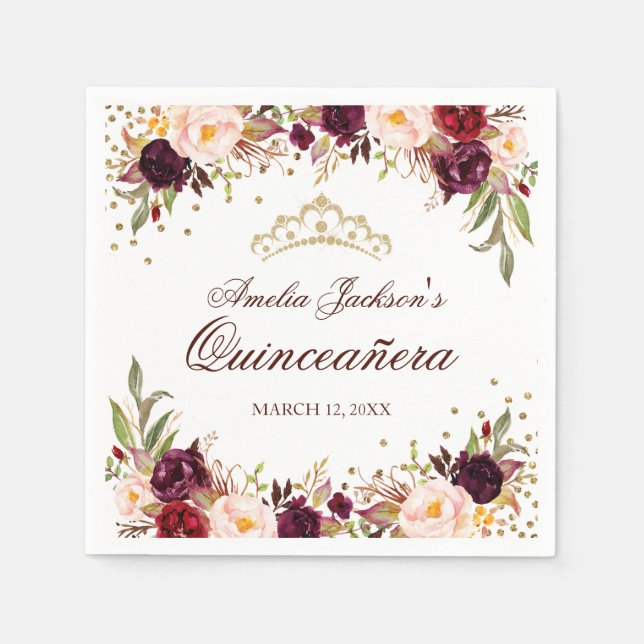 Serviette En Papier Elégant or Bourgogne Floral Quinceanera Napkin (Devant)