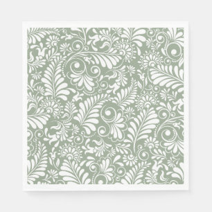 Serviette En Papier Élégant ornemental en volute vert mariage floral