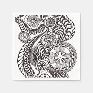 Serviette En Papier Élégant papier floral Zentangle en noir et blanc
