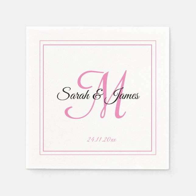 Serviette En Papier Élégant papier Mariage Monogramme blanc et rose Na (Devant)