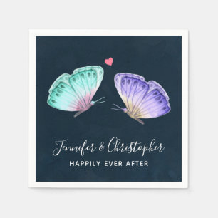 Serviette En Papier Élégant Papillons Aquarelle Vert & Violet