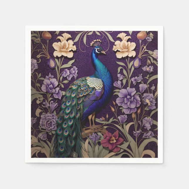 Serviette En Papier Elégant Peacock Sur Purple William Morris Inspiré (Devant)