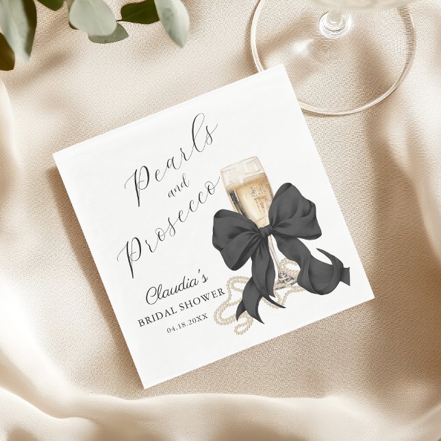 Serviette En Papier Elegant Pearls & Prosecco Black Bow Bridal Shower  (Pearls & Prosecco Bridal Shower Black Bow Napkin)