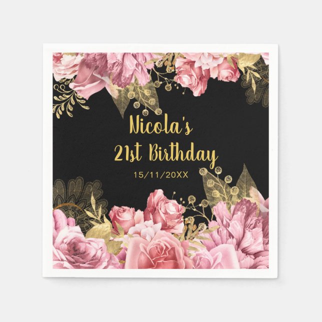 Serviette En Papier Elegant Pink and Gold Flowers Birthday Party (Devant)