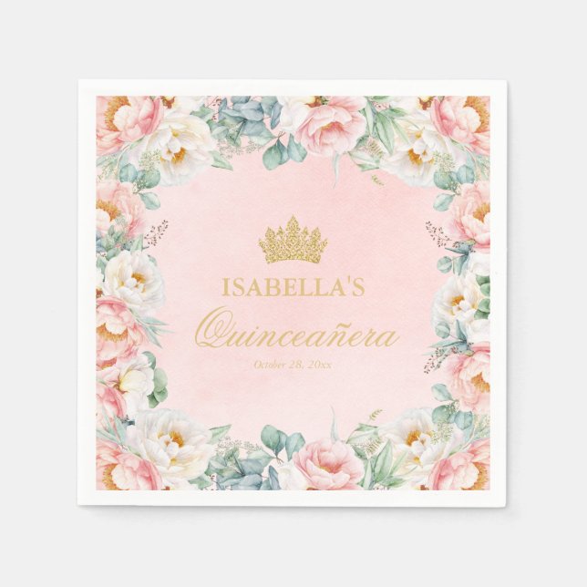 Serviette En Papier Elégant Pink Gold Floral Quinceañera Party (Devant)