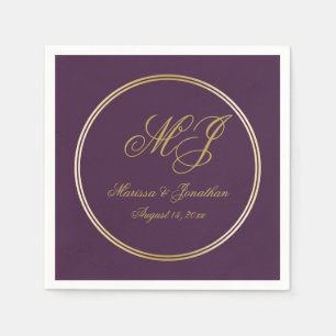 Serviette En Papier Élégant Plum violet or Monogramme Mariage de scrip