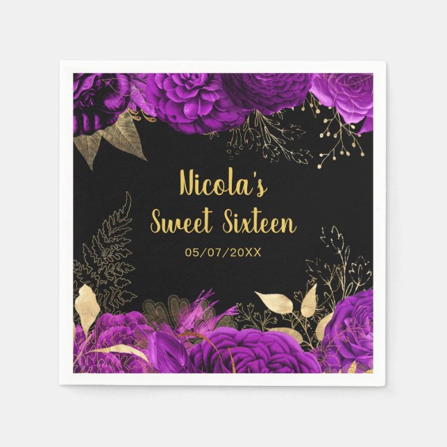 Serviette En Papier Elegant Purple and Gold Flowers Sweet Sixteen  (Devant)