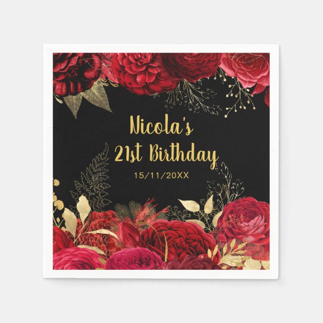 Serviette En Papier Elegant Red and Gold Flowers Birthday Party (Devant)