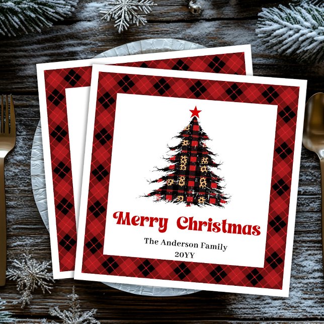 Serviette En Papier Elegant Red Black Plaid Tree Napkin Editable (Elegant Red Black Plaid Tree Napkin Editable)