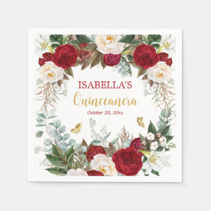 Serviette En Papier Élégant Red Gold Floral Quinceañera Party