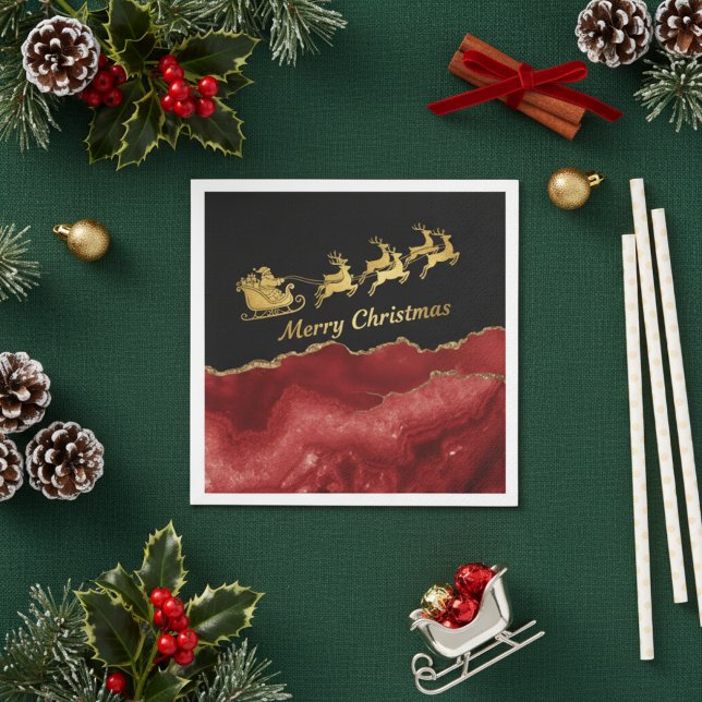 Serviette En Papier Elegant Red Gold Santa Sleigh Merry Christmas  (Créateur téléchargé)