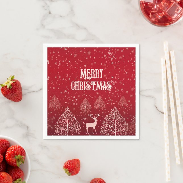 Serviette En Papier Elegant Red Merry Christmas Deer and Snowflake (En situation)