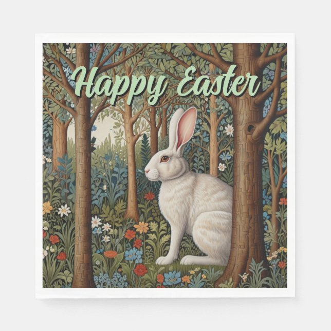 Serviette En Papier Elégant retro boho blanc lapin boisé Pâques (Devant)