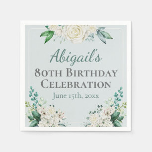 Serviette En Papier Elégant Rose blanche Floral 80e anniversaire n'imp