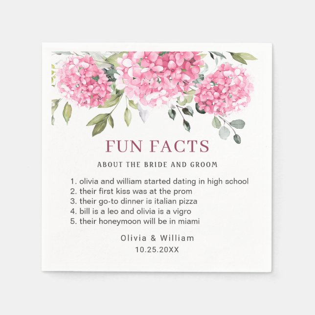 Serviette En Papier Élégant rose Blush Hydrangea Fun Facts Mariage (Devant)