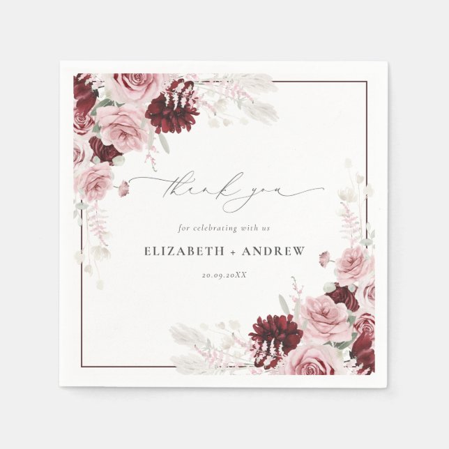 Serviette En Papier Elégant Rose d'aquarelle Bourgogne Dusty Mariage (Devant)
