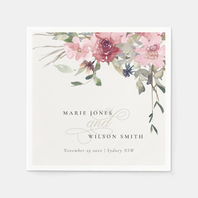 Serviette En Papier Élégant Rose Dusky Blush Fleur sauvage Floral Mari (Devant)