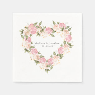 Serviette En Papier Elégant rose Floral Aquarelle Noms Date Mariage