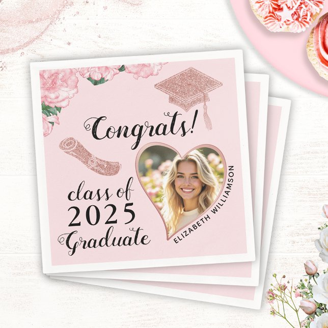 Serviette En Papier Élégant rose Floral Custom Photo Graduation (Créateur téléchargé)