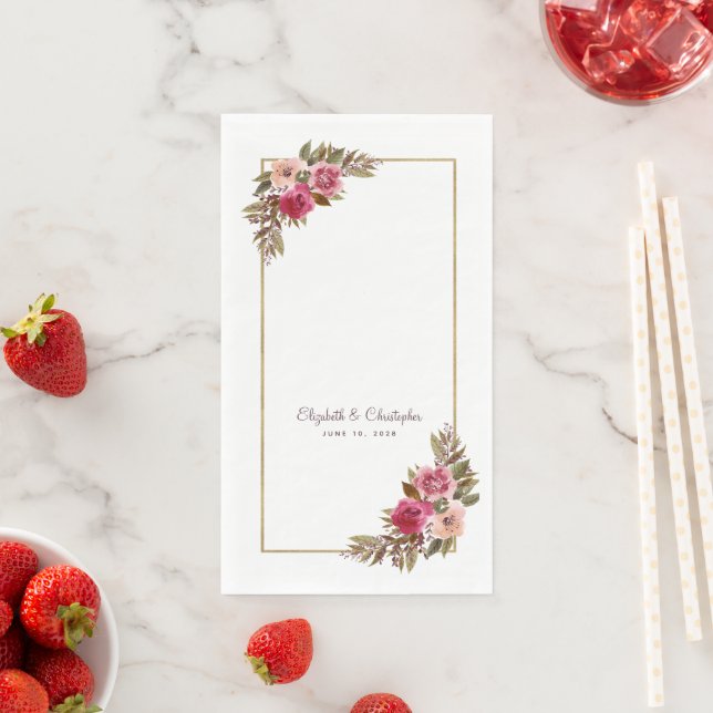 Serviette En Papier Élégant Rose Floral Gold Mariage métallique Blanc (En situation)