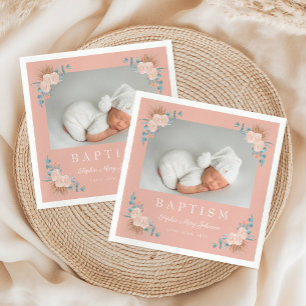 Serviette En Papier Élégant rose florale fille photo Baptême