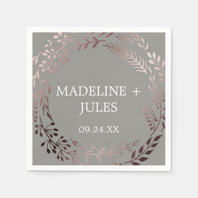 Serviette En Papier Élégant Rose Gold et Mariage gris (Devant)