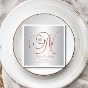 Serviette En Papier Elégant Rose gris argent personnalisé Mariage or