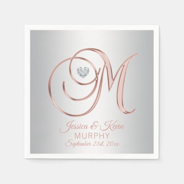 Serviette En Papier Elégant Rose gris argent personnalisé Mariage or (Devant)