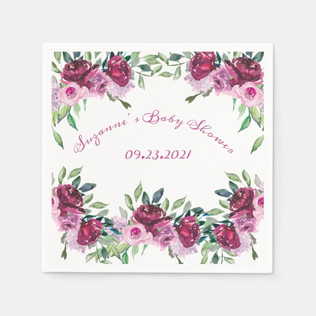 Serviette En Papier Élégant rose Nom floral Date Script Baby Showner (Devant)