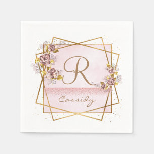 Serviette En Papier Élégant Rose Parties scintillant or Rose Monogramm