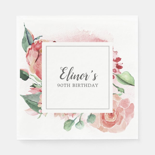 Serviette En Papier Elégant rose rose florale 90e anniversaire (Devant)