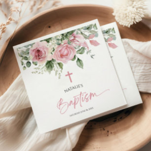Serviette En Papier Élégant rose rose rose floral Baptême
