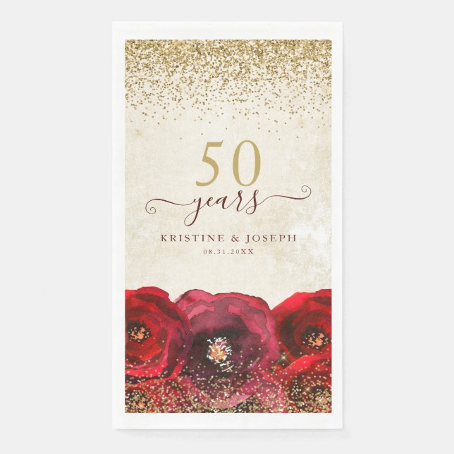 Serviette En Papier Élégant Rose rouge Floral Or 50e Anniversaire (Devant)