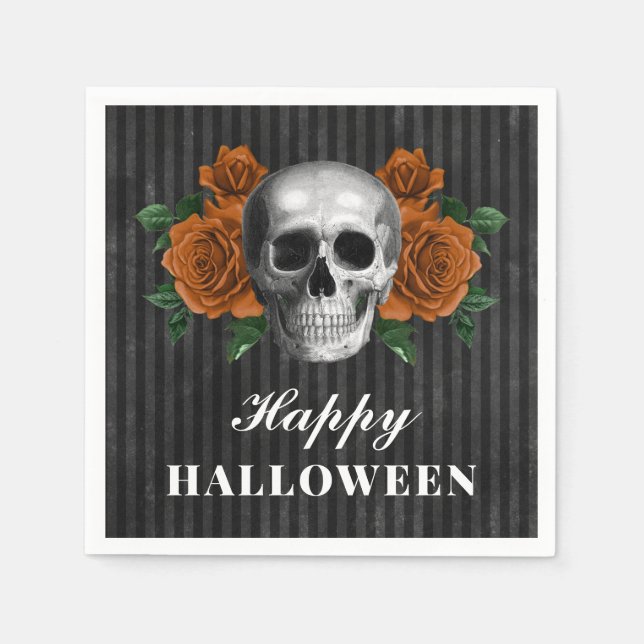 Serviette En Papier Élégant Roses gothiques et crâne Halloween heureux (Devant)