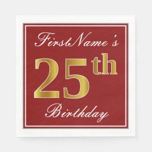 Serviette En Papier Elégant Rouge, Faux Gold 25e anniversaire + Nom pe