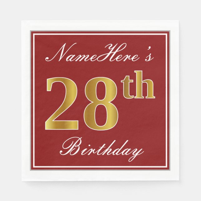 Serviette En Papier Elégant Rouge, Faux Gold 28ème Anniversaire + Nom  (Devant)