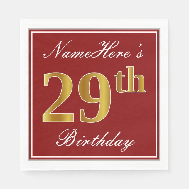 Serviette En Papier Elégant Rouge, Faux Gold 29ème Anniversaire + Nom  (Devant)