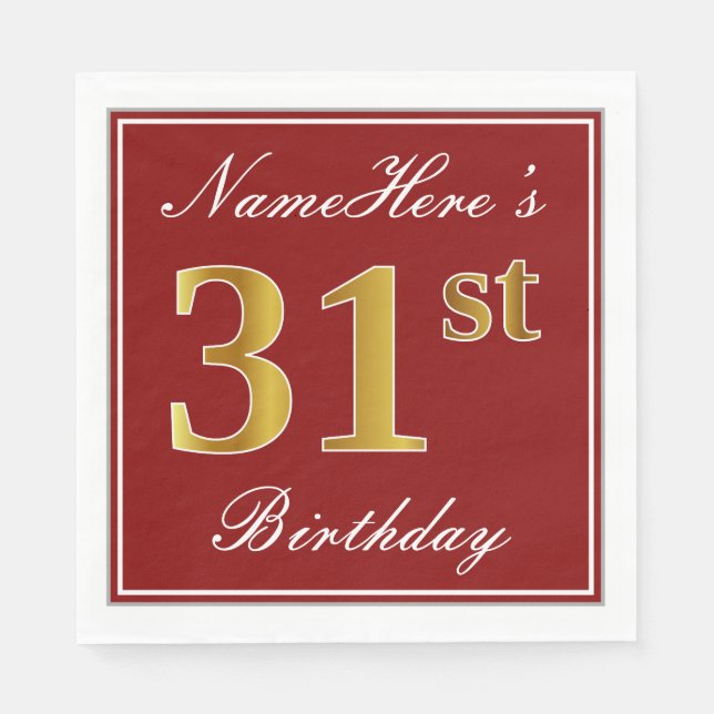 Serviette En Papier Elégant Rouge, Faux Gold 31ème Anniversaire + Nom  (Devant)
