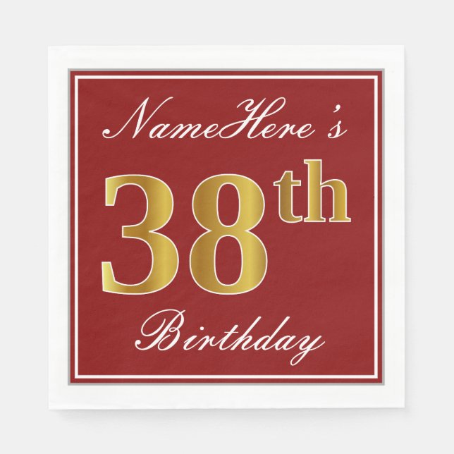 Serviette En Papier Elégant Rouge, Faux Gold 38ème Anniversaire + Nom  (Devant)